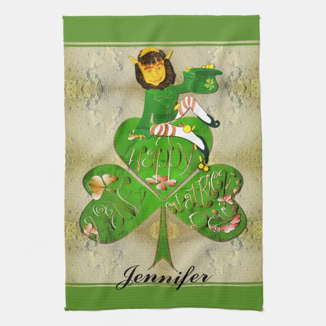Leprechaun Kleeblatt "Happy St. Patrick's" Küche Geschirrtuch (Vertikal)