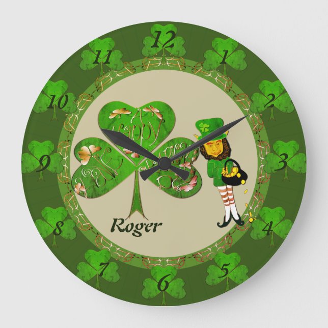 Leprechaun Kleeblatt Wall Clock Große Wanduhr (Vorderseite)