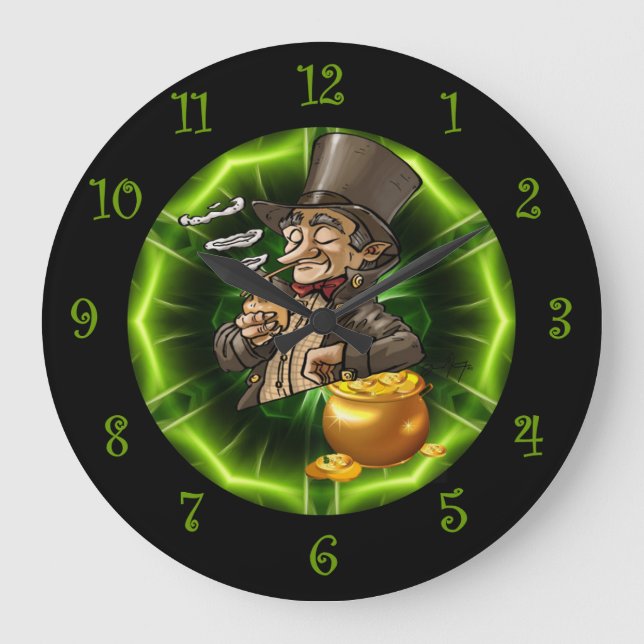 Leprechaun-Leaning auf Pot of Gold Große Wanduhr (Vorderseite)