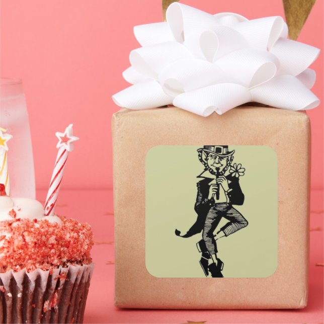 Leprechaun mit Flute Quadratischer Aufkleber (Party)