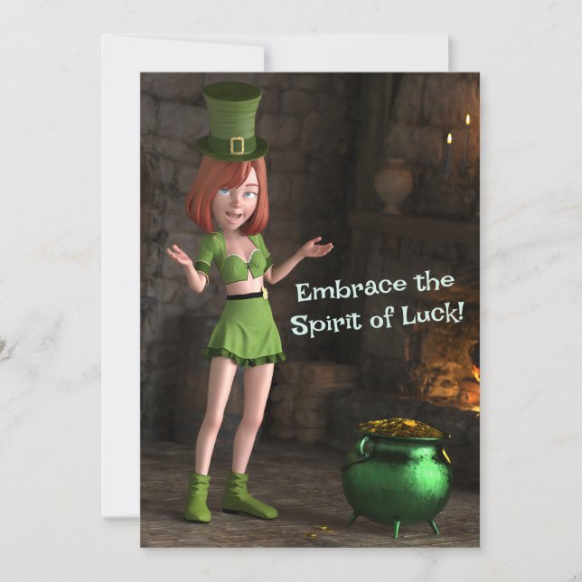 Leprechaun Toon Girl Feiertagskarte (Vorderseite)