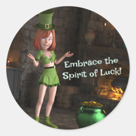 Leprechaun Toon Girl Runder Aufkleber