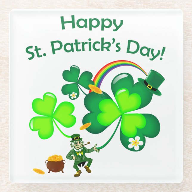 Leprechaun und Kleeblatt Glasuntersetzer (Vorderseite)