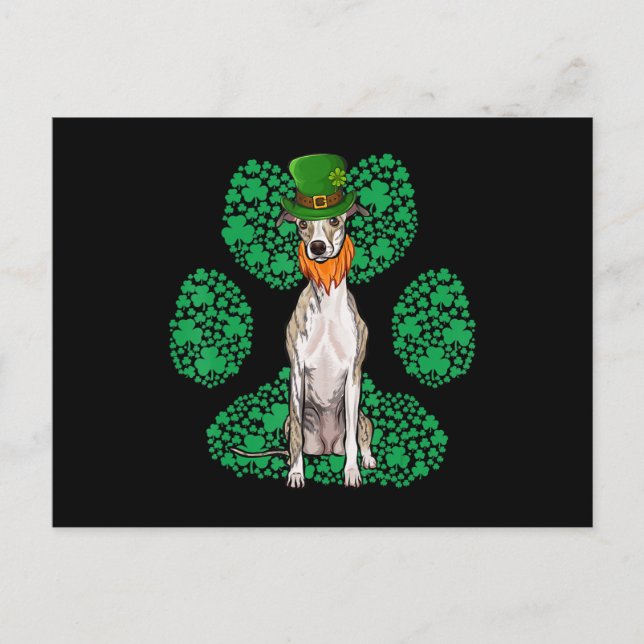 Leprechaun Whippet St Patricks Day Kleeblatt Paw Postkarte (Vorderseite)