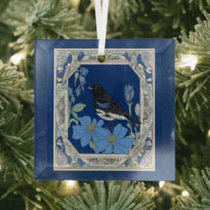 Lerche Bunting und Colorado Blaue Akelei Ornament Aus Glas
