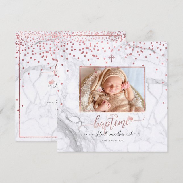 Les conettis d'or Rose Faire part de Baptême Einladung (Vorne/Hinten)