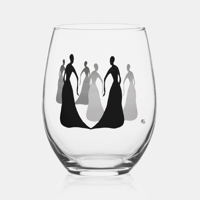 Les Femmes Black and Gray Stemless 16oz. Weinglas Ohne Stiel (Vorderseite)