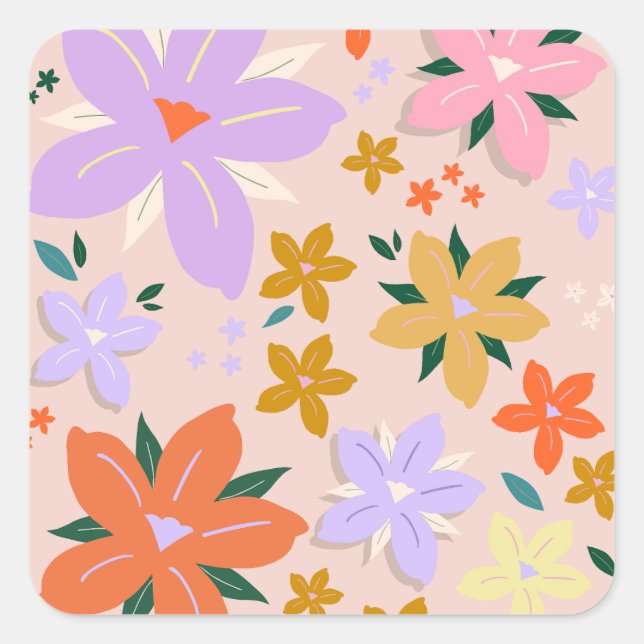 Les Fleurs 04 Retro farbenfrohe Floral Quadratischer Aufkleber (Vorderseite)