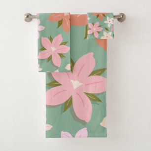 Les Fleurs 07 Abstrakte Blumen Grün Errötend Flora Badhandtuch Set