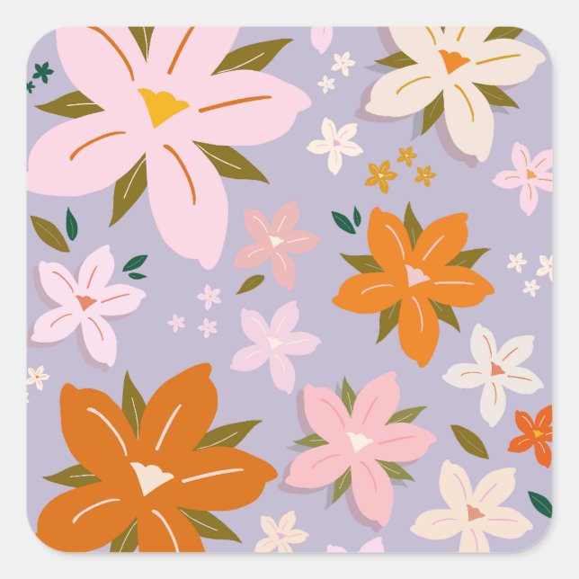 Les Fleurs 08 Retro Blume Lila Quadratischer Aufkleber (Vorderseite)