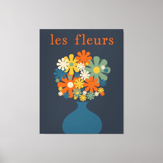 Les Fleurs Retro Blume in Vase Blue Orange Leinwanddruck (Vorderseite)