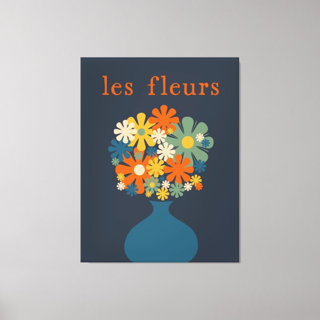 Les Fleurs Retro Blume in Vase Blue Orange Leinwanddruck (Vorderseite)