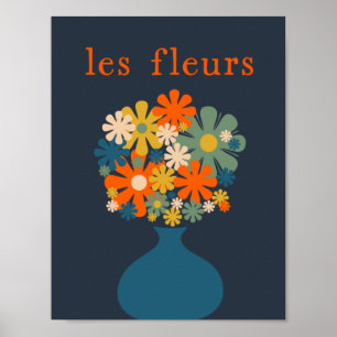 Les Fleurs Retro Blumen im Vasenblau Orange Poster