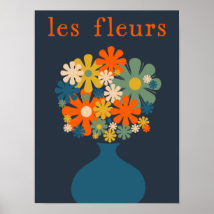 Les Fleurs Süße Retro-Blumen im Vasen-Blau Orange Poster