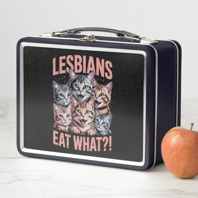 Lesben essen, was die lustige Katze Lesbian LGBTQ  Metall Brotdose (Beispiel)