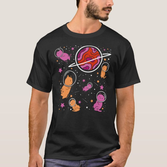 Lesbian Cat in Space Orange Pink Lesbian Pride T-Shirt (Vorderseite)