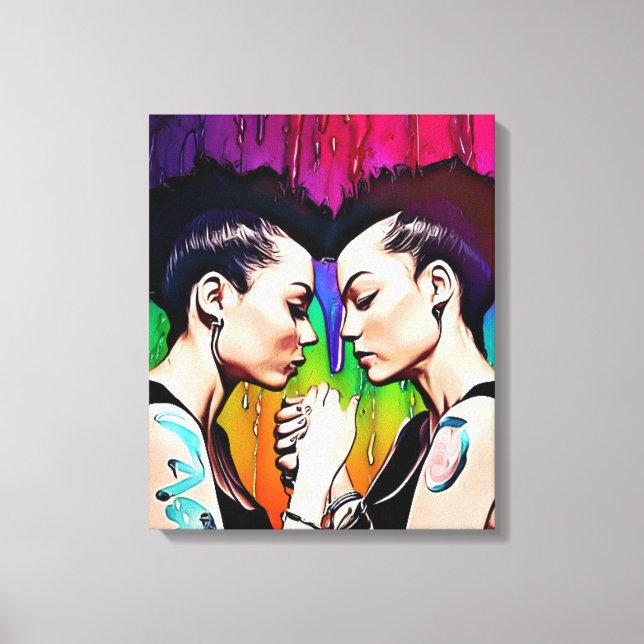 Lesbian Couple Holding Hands Rainbow Art Leinwanddruck (Vorderseite)