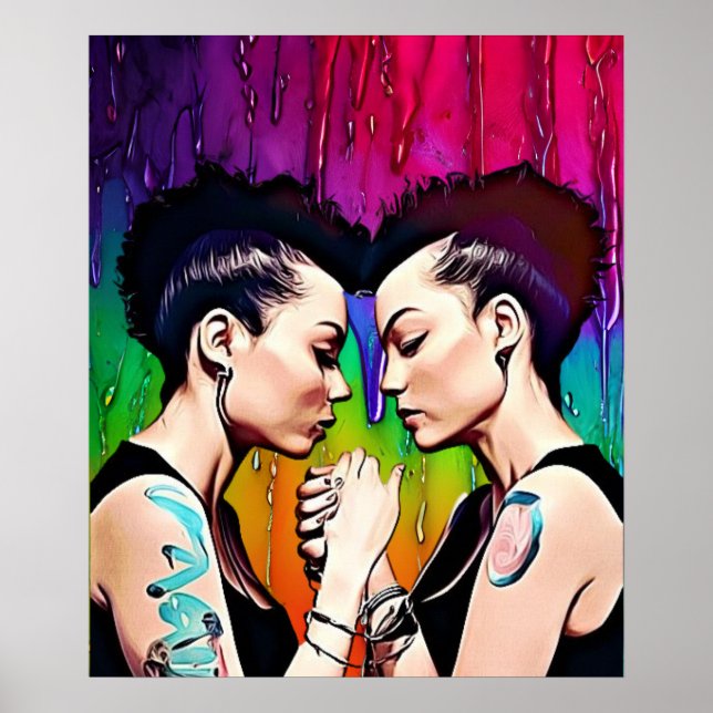 Lesbian Couple Holding Hands Rainbow Art Poster (Vorne)