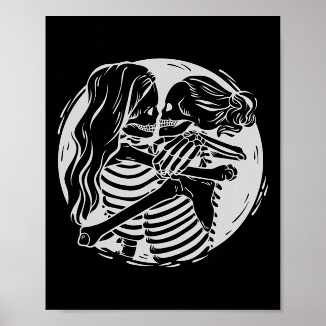 Lesbian Couple Lgbtq Pride Skeletons Kissing Valen Poster (Vorne)