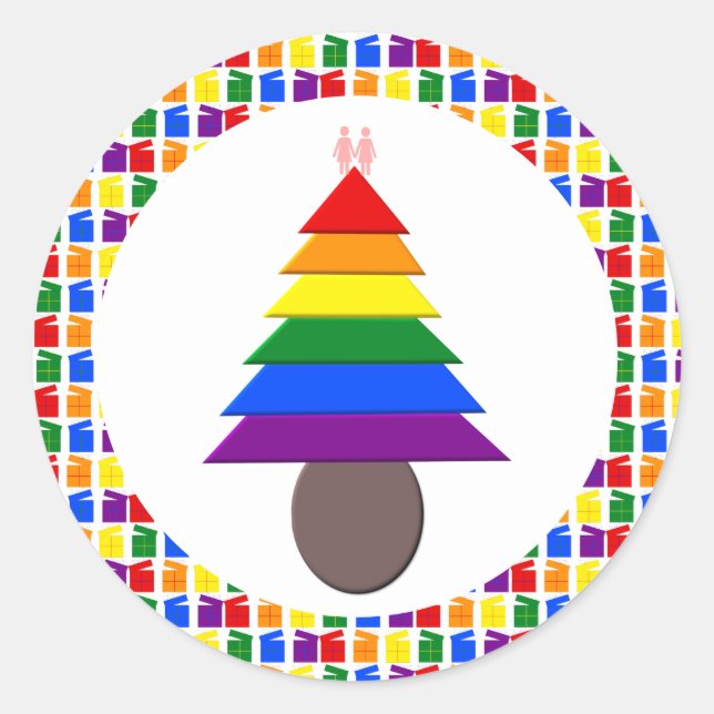 Lesbians Rainbow Weihnachtsbaum und Geschenke Runder Aufkleber (Vorderseite)