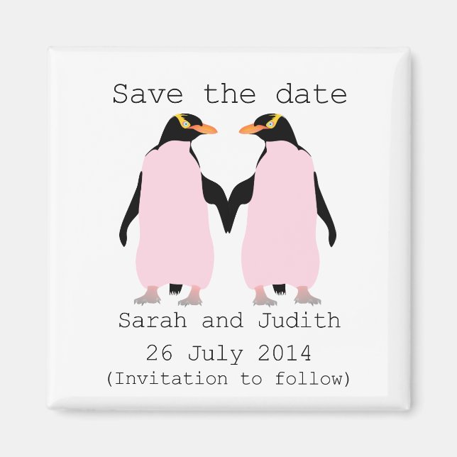 Lesbisch, Pinguine, die Save the Date Hände halten Magnet (Vorne)