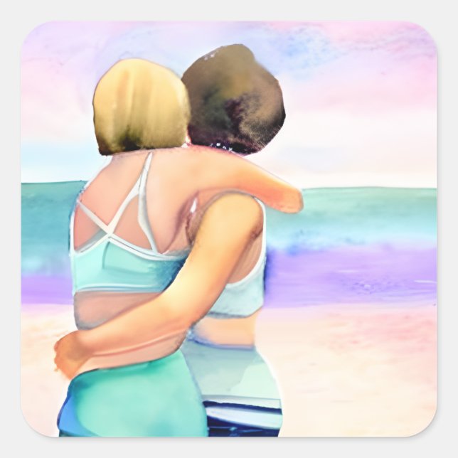 lesbische Liebe | Zwei Frauen in Strandnähe Quadratischer Aufkleber (Vorderseite)