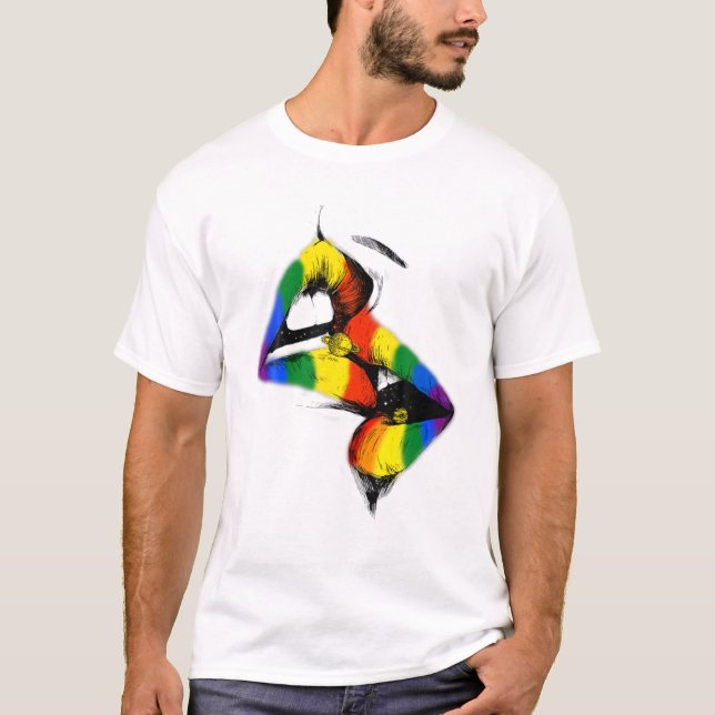 Lesbische Lippen Küssen Regenbogenflagge Gay Pride T-Shirt (Vorderseite)