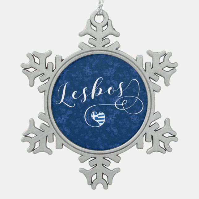 Lesbos, griechisches Herz in Flag, Griechenland Schneeflocken Zinn-Ornament (Vorderseite)