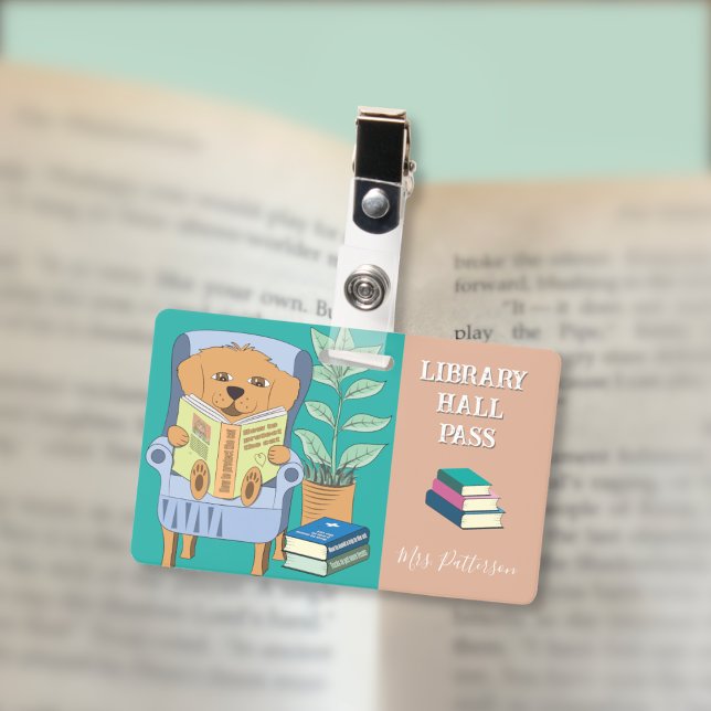 Leseband-Horizontal-Bibliotheks-Hall-Pass-Abzeiche Ausweis (Cartoon reading dog horizontal library hall pass badge .)