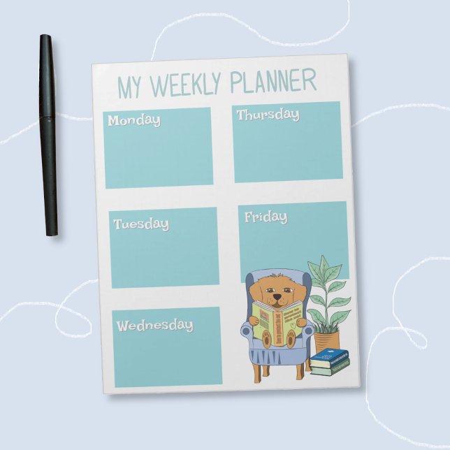 Lesebuch-Hunde-Kind-Wochenplaner-Notizblock Notizblock (Cute kid weekly planner with a reading dog illustration . )