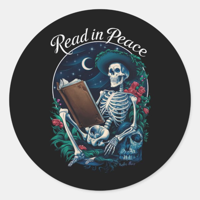 Lesen in Peace Skeleton Lesebuch Runder Aufkleber (Vorderseite)