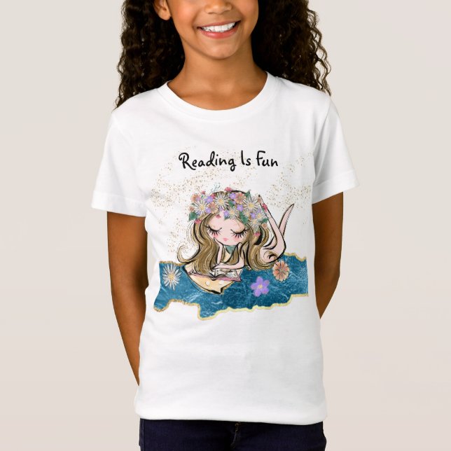 *~* LESEN IST FUN Flower Girl Child Gold Blue T-Shirt (Vorderseite)