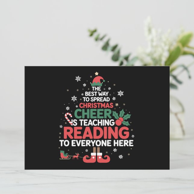 Lesen Lehrer Weihnachten Elf Xmas Cheer Einladung (Stehend Vorderseite)
