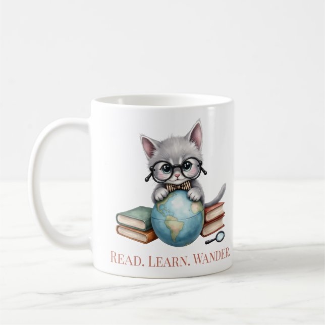 "Lesen. Lernen Sie. Wander." Niedliche Katze Kaffeetasse (Links)