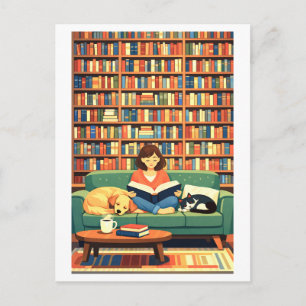 Lesen mit Katzen- und Hundeillustration Postkarte