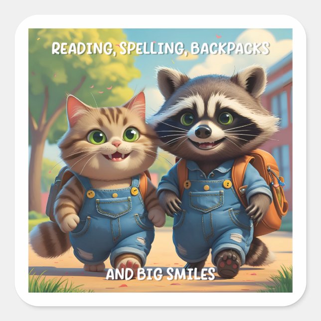 Lesen, Rechtschreibung, Rucksäcke und Lächeln Quadratischer Aufkleber (Vorderseite)