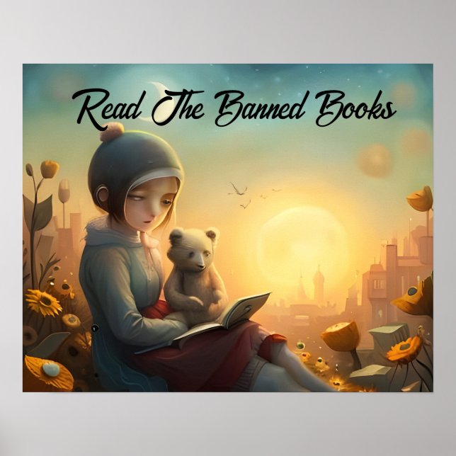 Lesen Sie das "Banned Books Girl and Bären Reading Poster (Vorne)