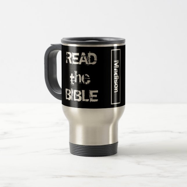 Lesen Sie die Bibel Schwarz Reisebecher (Vorderseite Links)