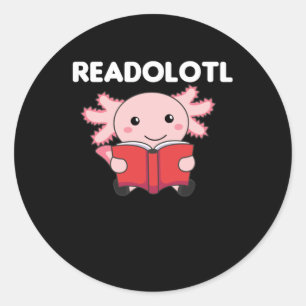 Lesen Sie einen Axolotl, der viele Bücher liest Runder Aufkleber