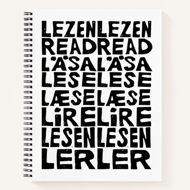 Lesen Sie in 8 Sprachen Lino Print Spiral Notebook Notizbuch (Vorderseite)