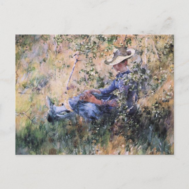 Lesen unter einer blühenden Hawthorne Bush Postkarte (Vorderseite)