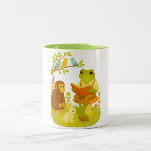 Lesender Frosch auf Pilz Vintage Geschichtenerzäh Zweifarbige Tasse