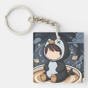 Lesender Pinguin mit warmer Tasse Schlüsselanhänger