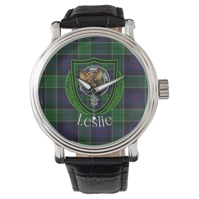 Leslie Scottish Clan Tartan & Crest Armbanduhr (Vorderseite)