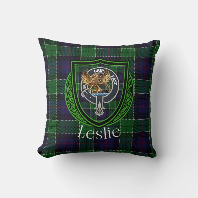 Leslie Scottish Clan Tartan & Crest Kissen (Vorderseite)