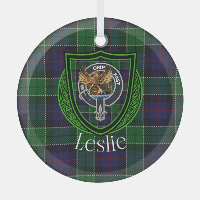 Leslie Scottish Clan Tartan & Crest Ornament Aus Glas (Vorderseite)