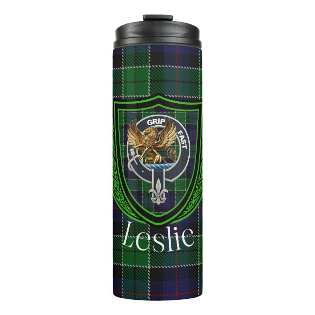 Leslie Scottish Clan Tartan & Crest Thermosbecher (Vorderseite)