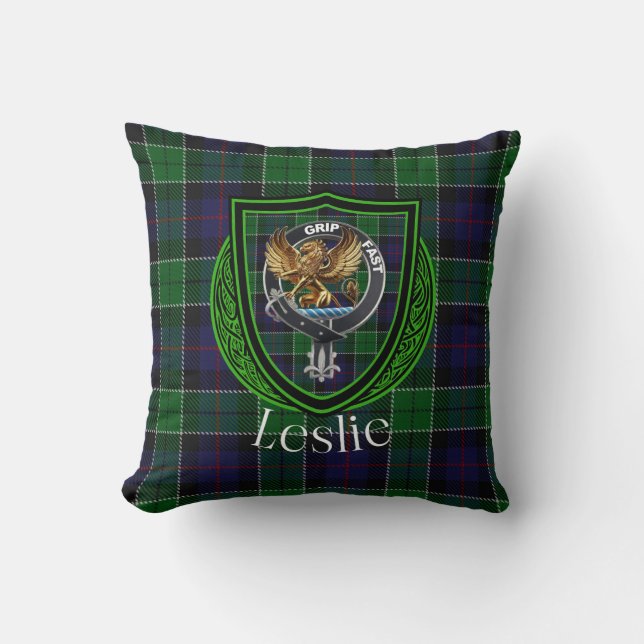 Leslie Scottish Clan Tartan & Wappen Kissen (Vorderseite)