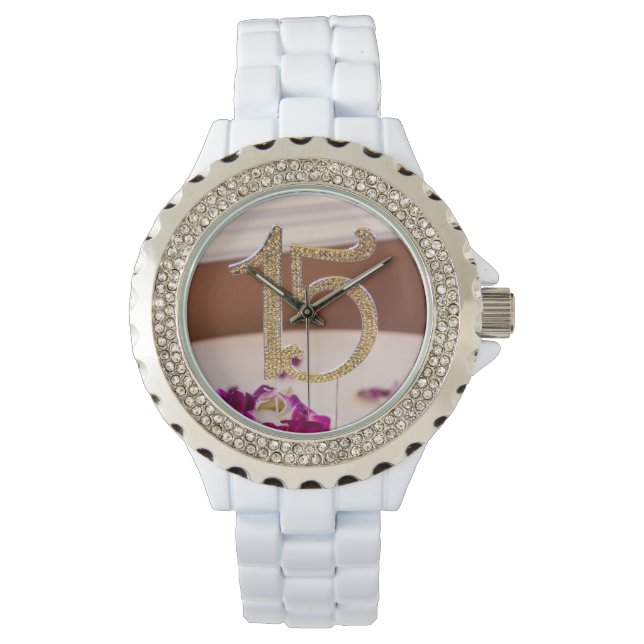 Leslie's Quinceanera Kristall White Enamel Watch Armbanduhr (Vorderseite)