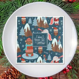 Let it Snow Cute Animal with Name Blue Christmas Serviette